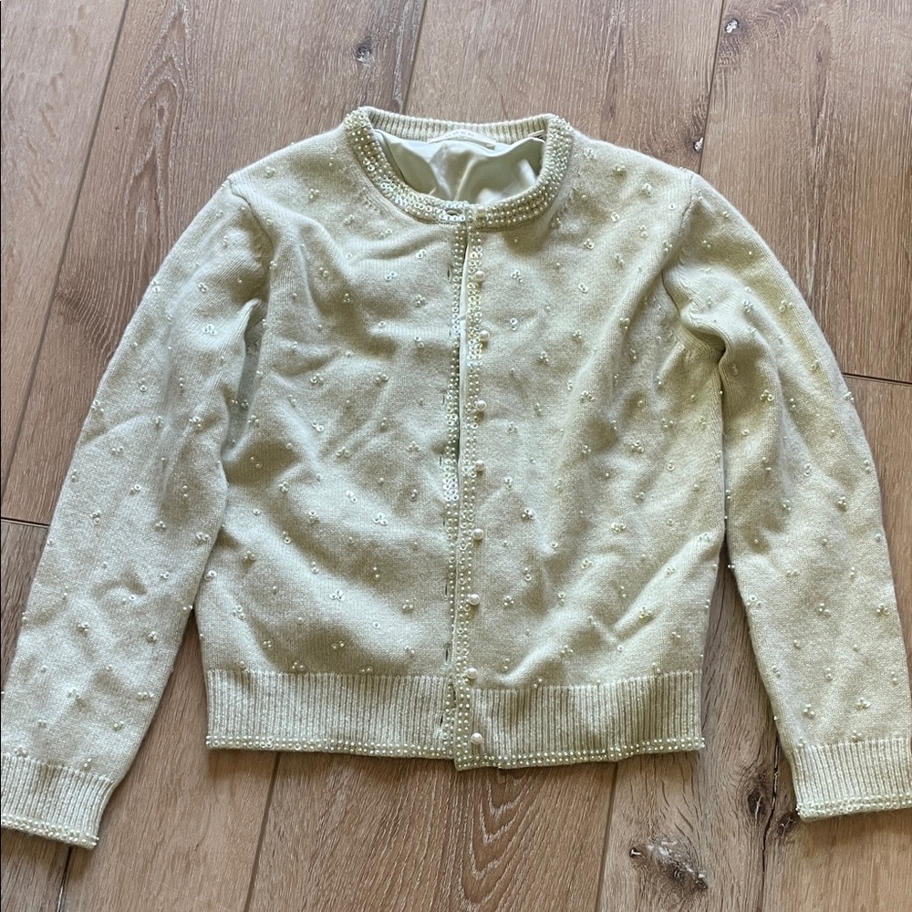 Doen Cashmere Pearl-Embellished Cream Women's Cardigan Sweater
